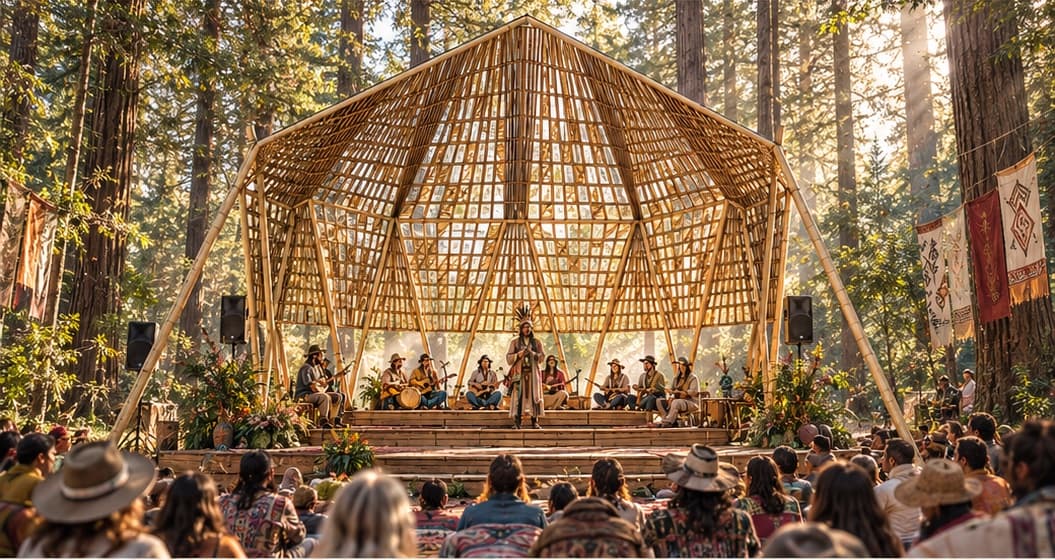 Forest Stage in a redwood forest: musicians under a woven bamboo canopy, audience seated in front