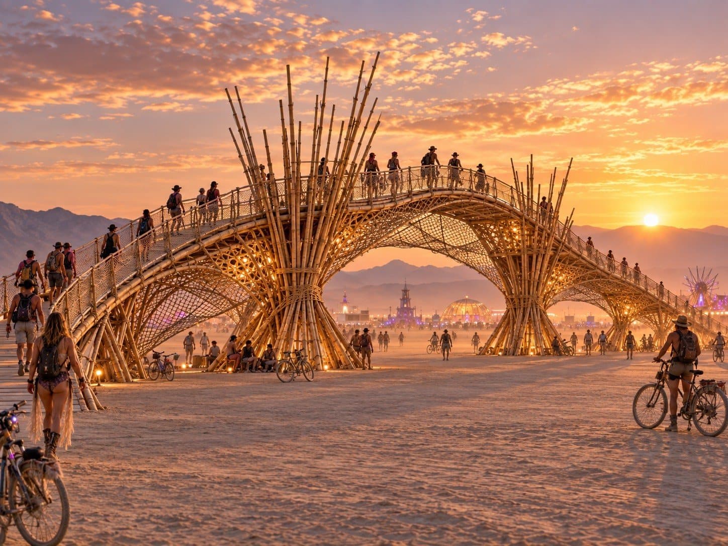 Concept image of the bridge at sunset, people crossing on top and cycling past underneath