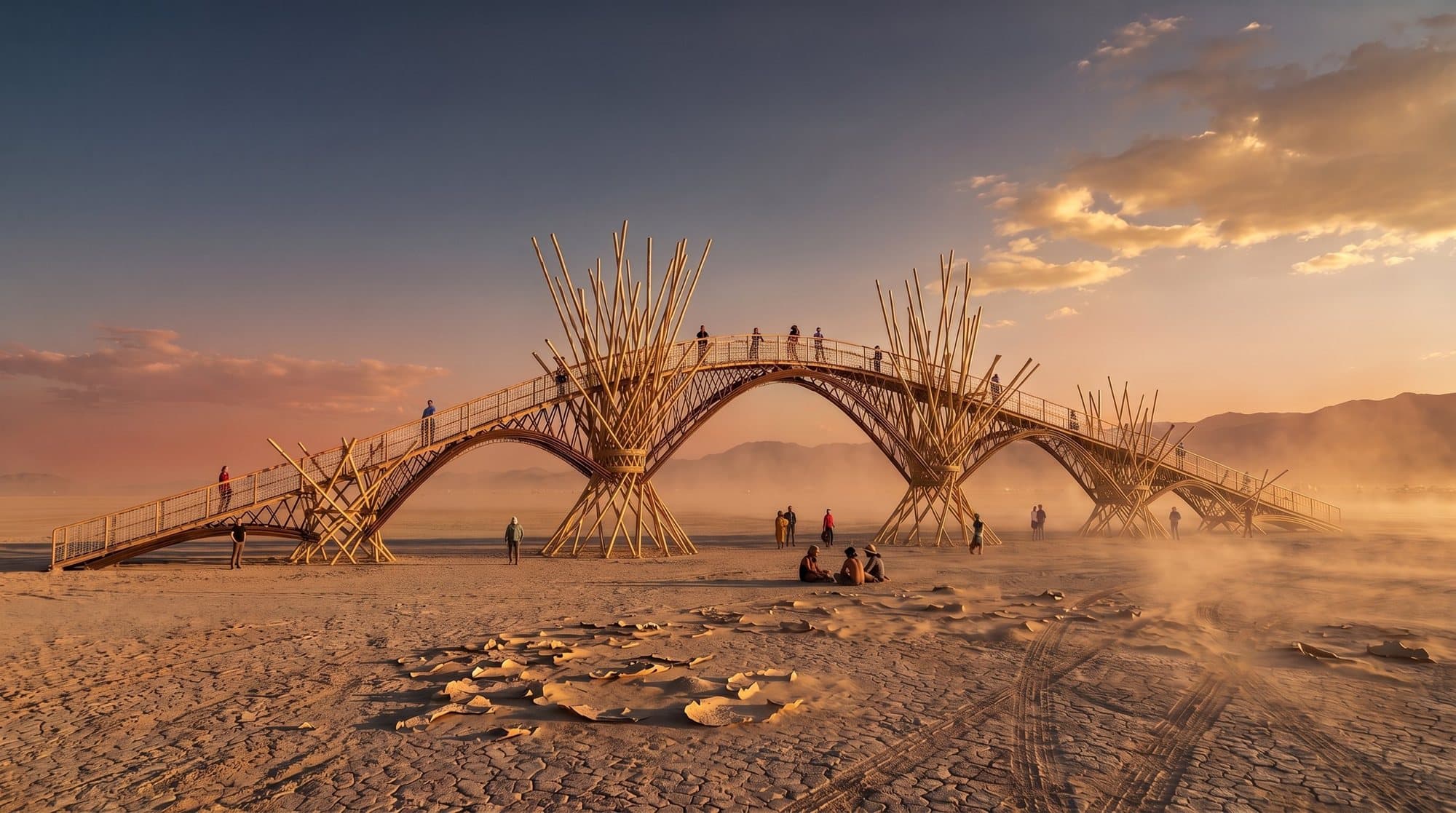 A bamboo bridge at golden hour, arching across open desert on fanned bamboo towers, people crossing on top
