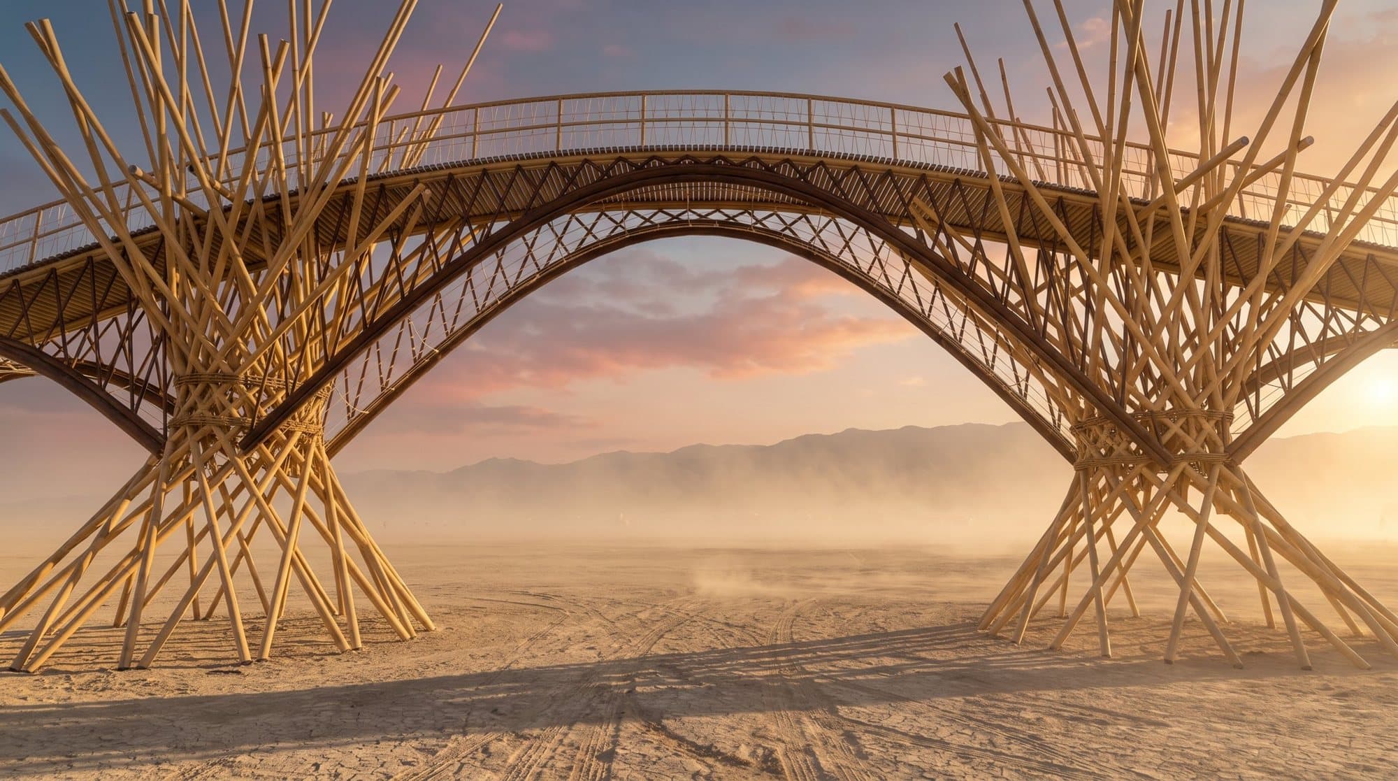 Looking through the arch of the bridge to the open playa, a fanned tower on each side