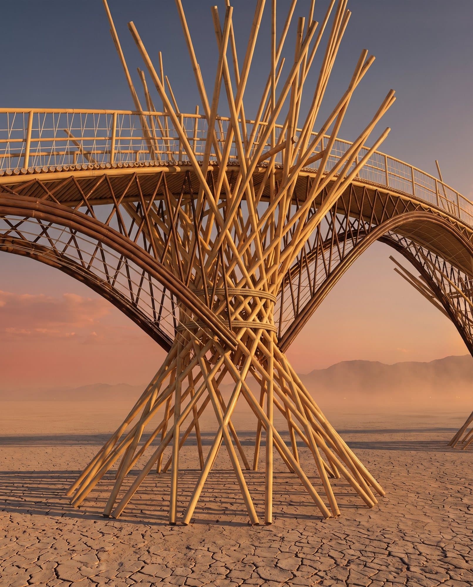 Close view of a tower: bamboo culms lashed together at the waist, the arch and lattice beyond