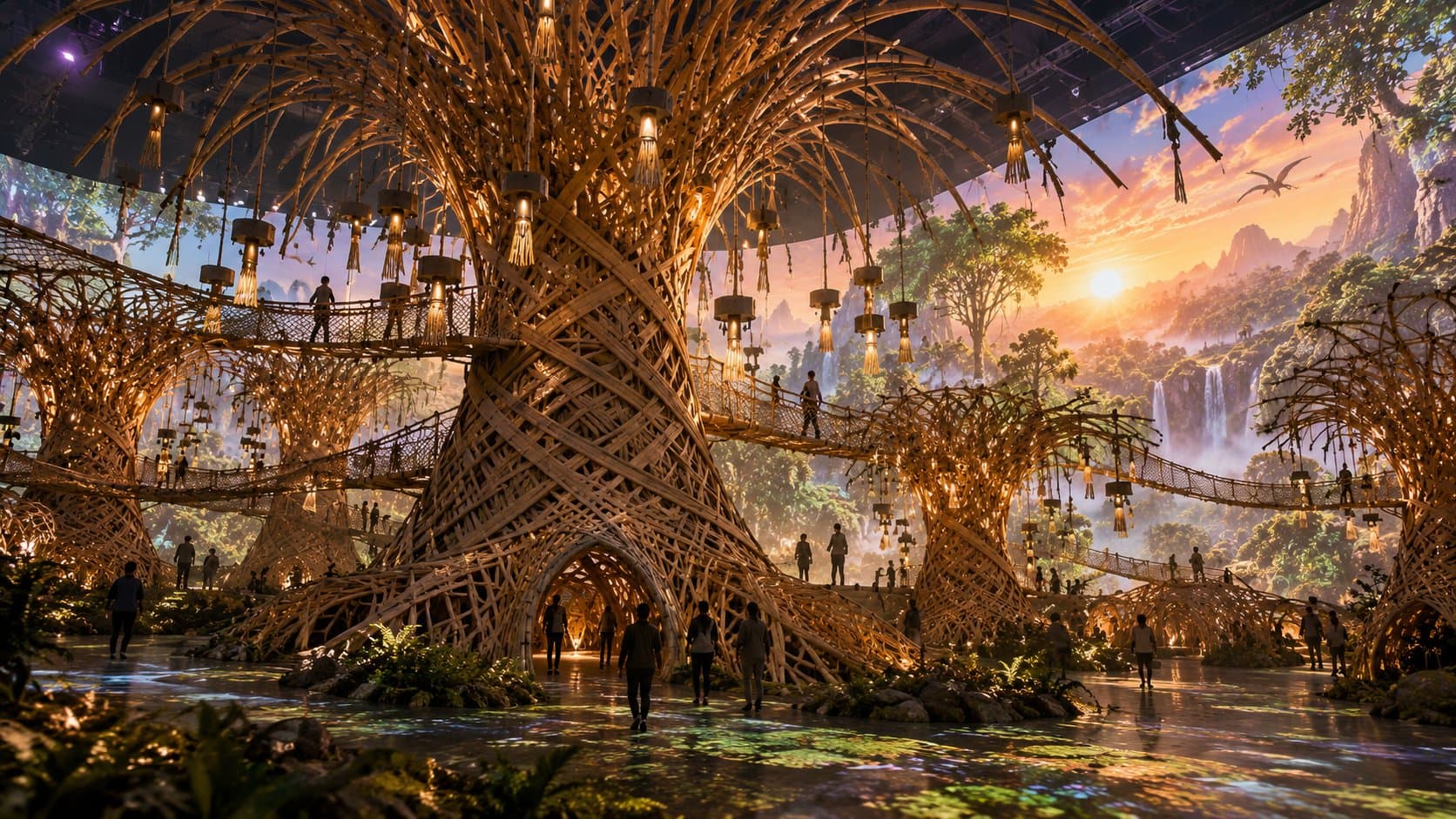Concept visualization inside the Resonance Forest: visitors walk beneath a woven bamboo trunk toward rope bridges and a projected valley