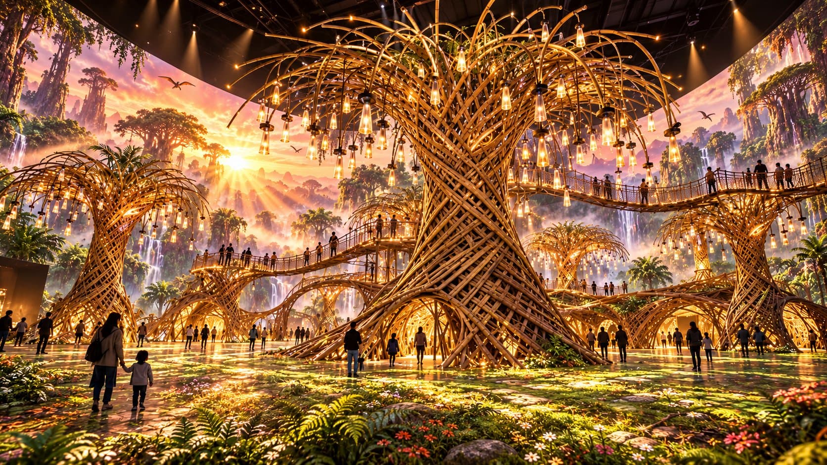 Concept visualization of the Resonance Forest by day: warm light through the woven bamboo trees