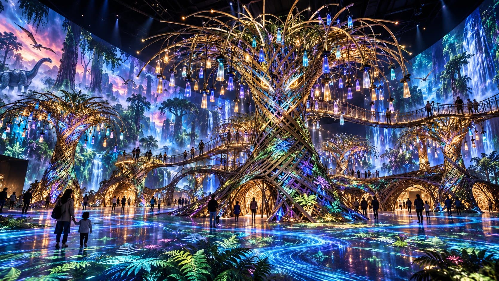 Concept visualization of the Resonance Forest by night: projected skies and glowing lanterns