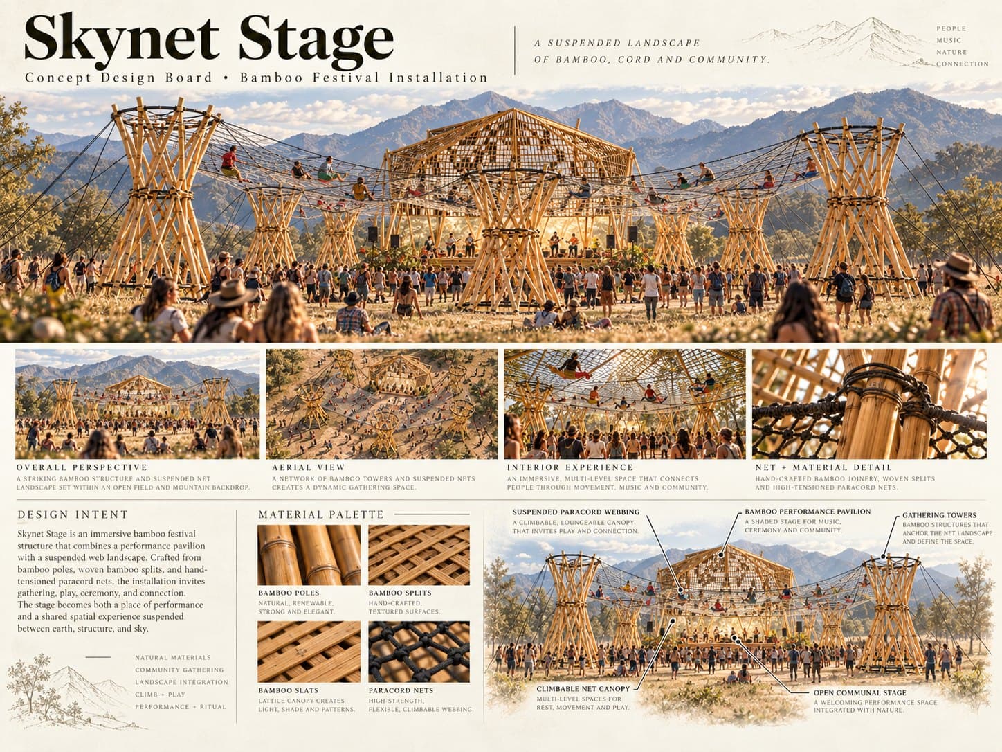 Skynet Stage concept design board: hero view, overall, aerial, interior and net detail, material palette and an annotated perspective