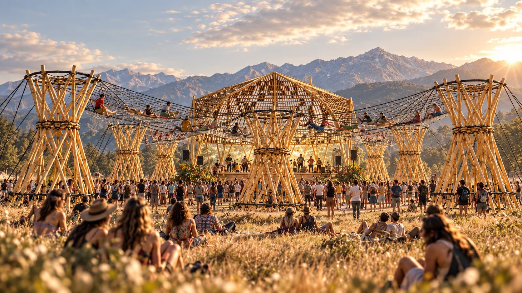 Skynet Stage at sunset: bamboo towers holding a rope web full of people over a crowd, musicians on the stage beneath a woven canopy, mountains behind