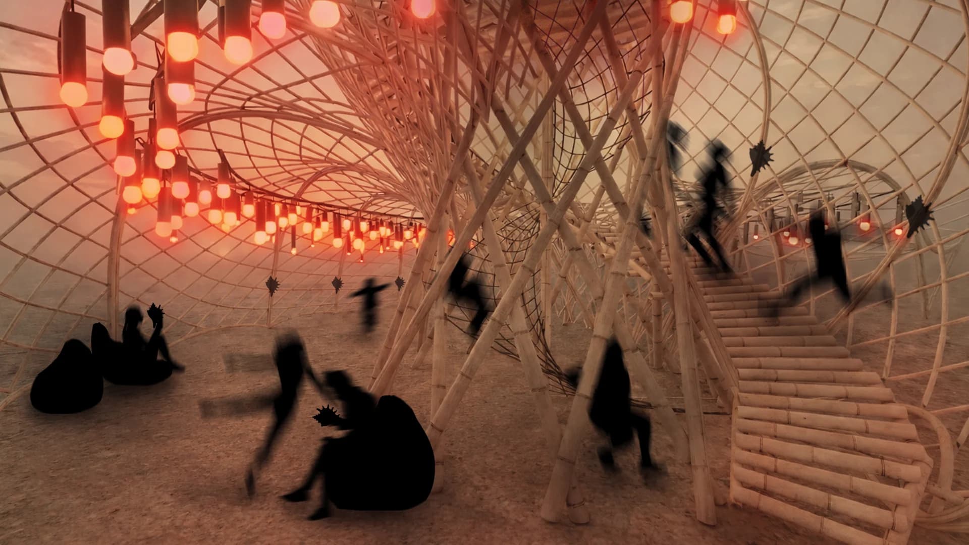 The Resonance Conch at dusk, spiral bamboo shell with glowing lanterns and people gathered beneath