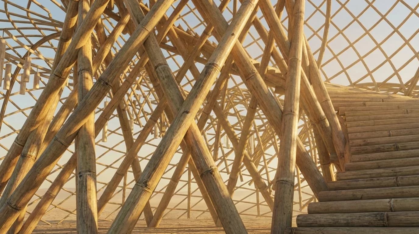 Bamboo lattice structure at golden hour