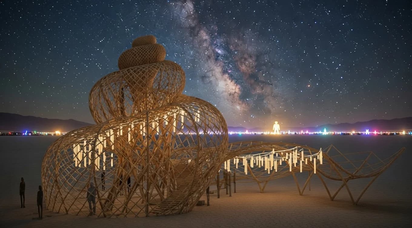 The Resonance Conch at night beneath the Milky Way, lantern wave pavilion alongside