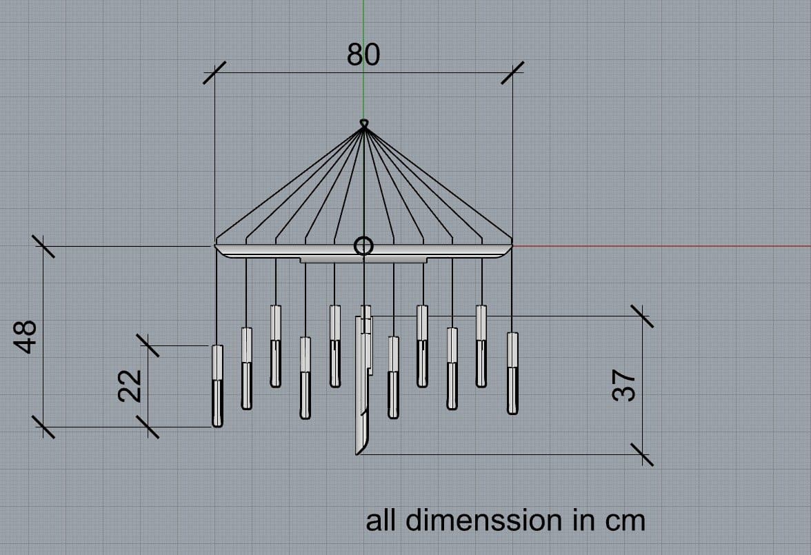 Dimensioned CAD elevation of a bamboo lantern fixture with measurements in centimeters