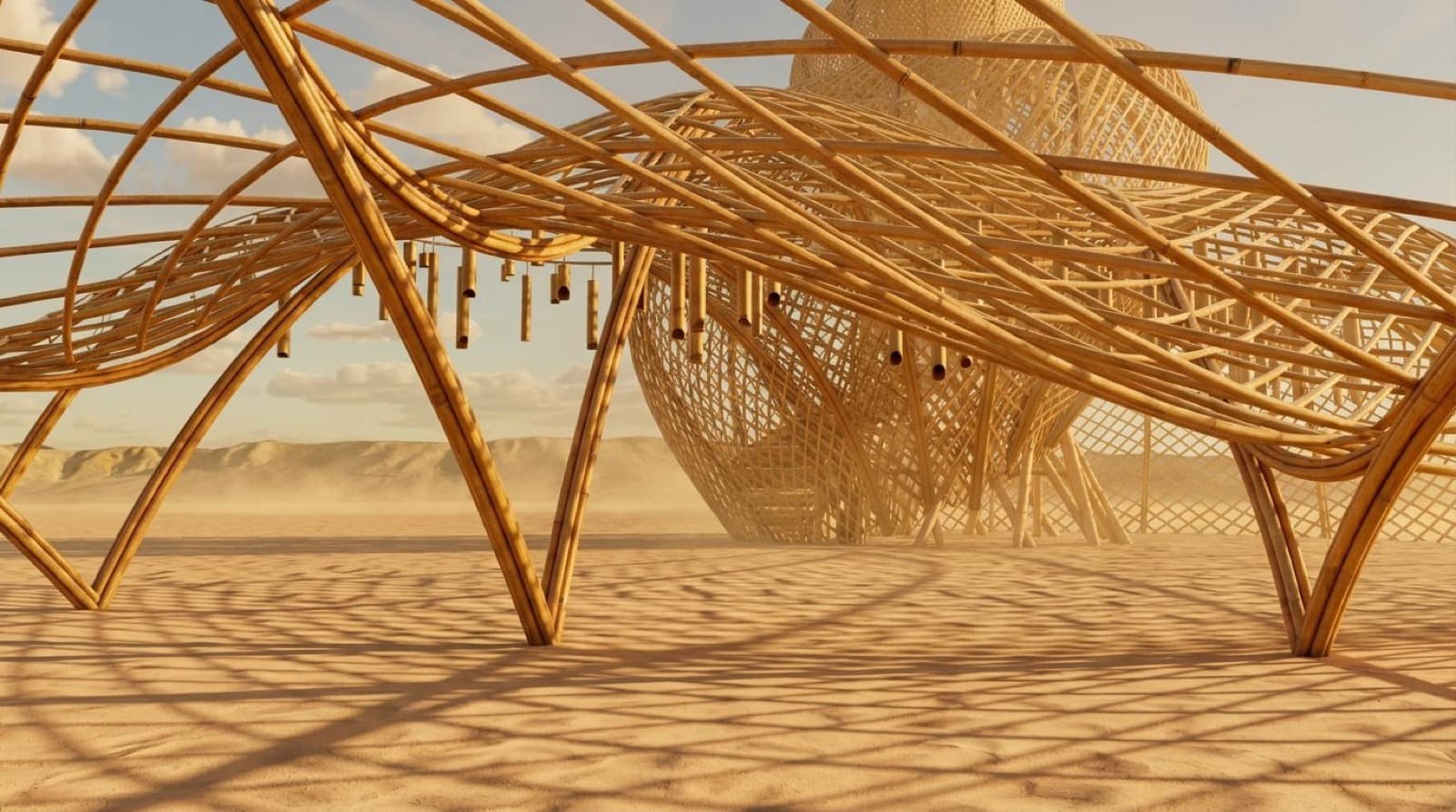 Inside the Resonance Conch. Immersive woven bamboo interior