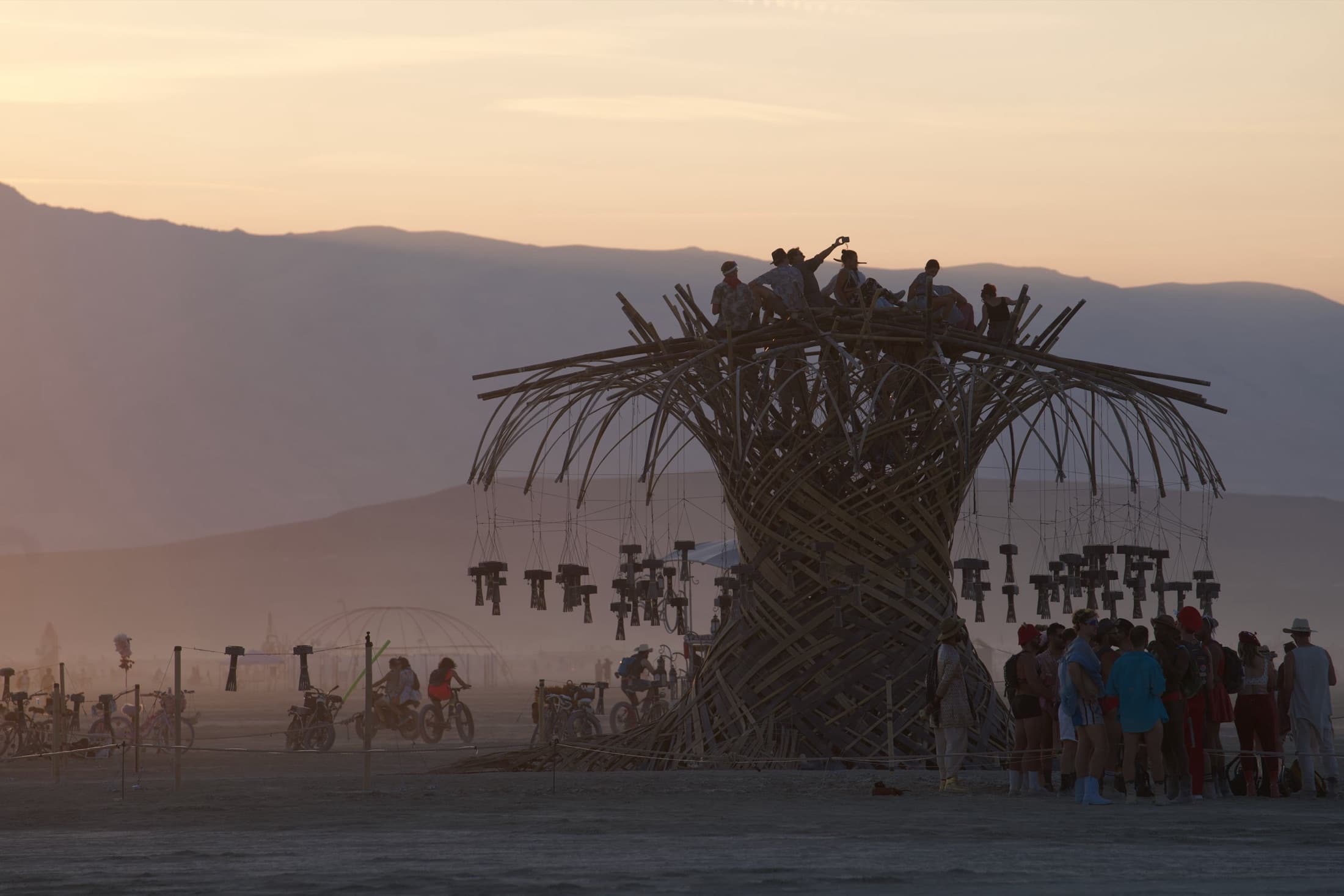 The Resonance Tree at golden hour with a crowd at its base and people along the summit