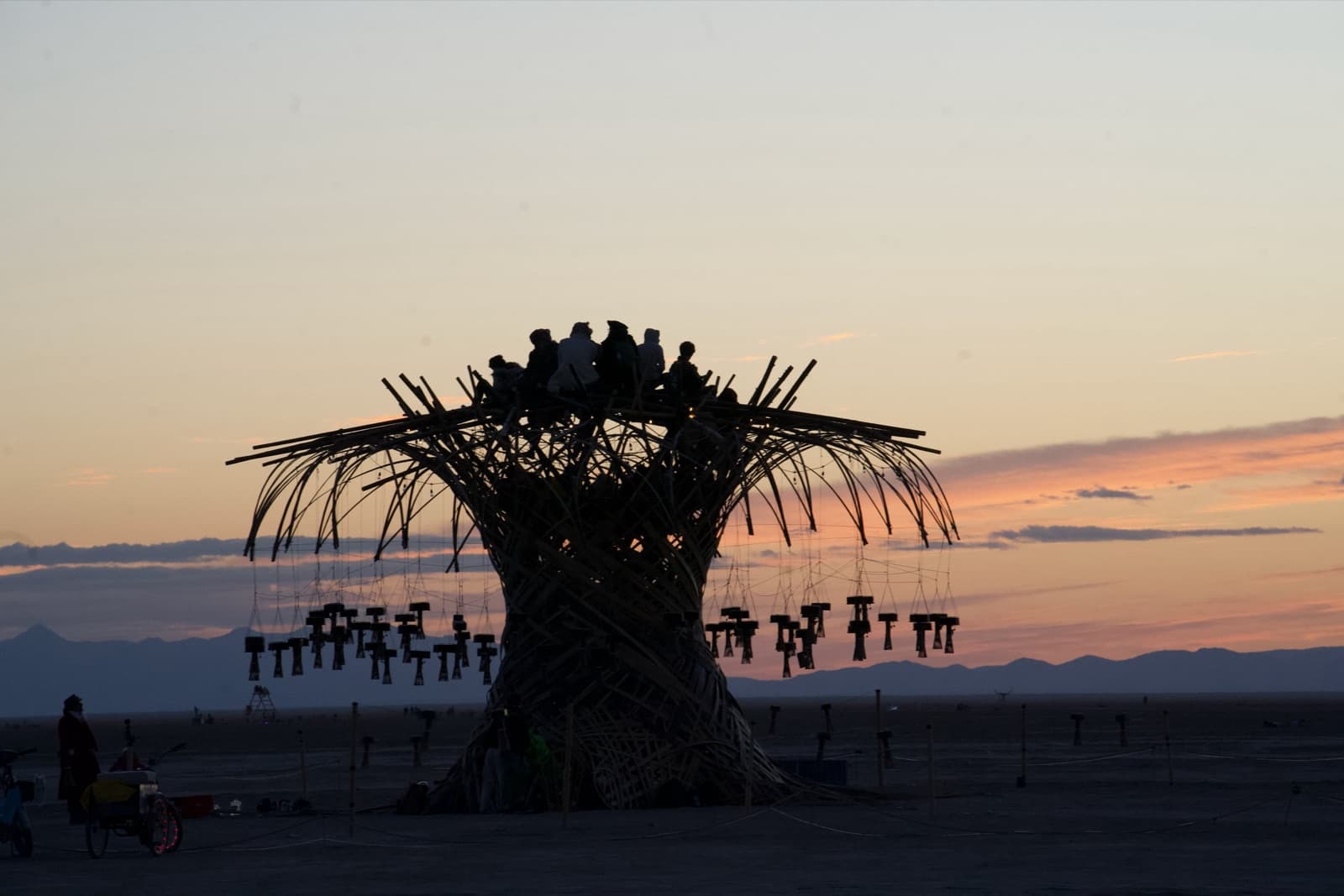 The Resonance Tree silhouetted at dawn with people gathered on its summit