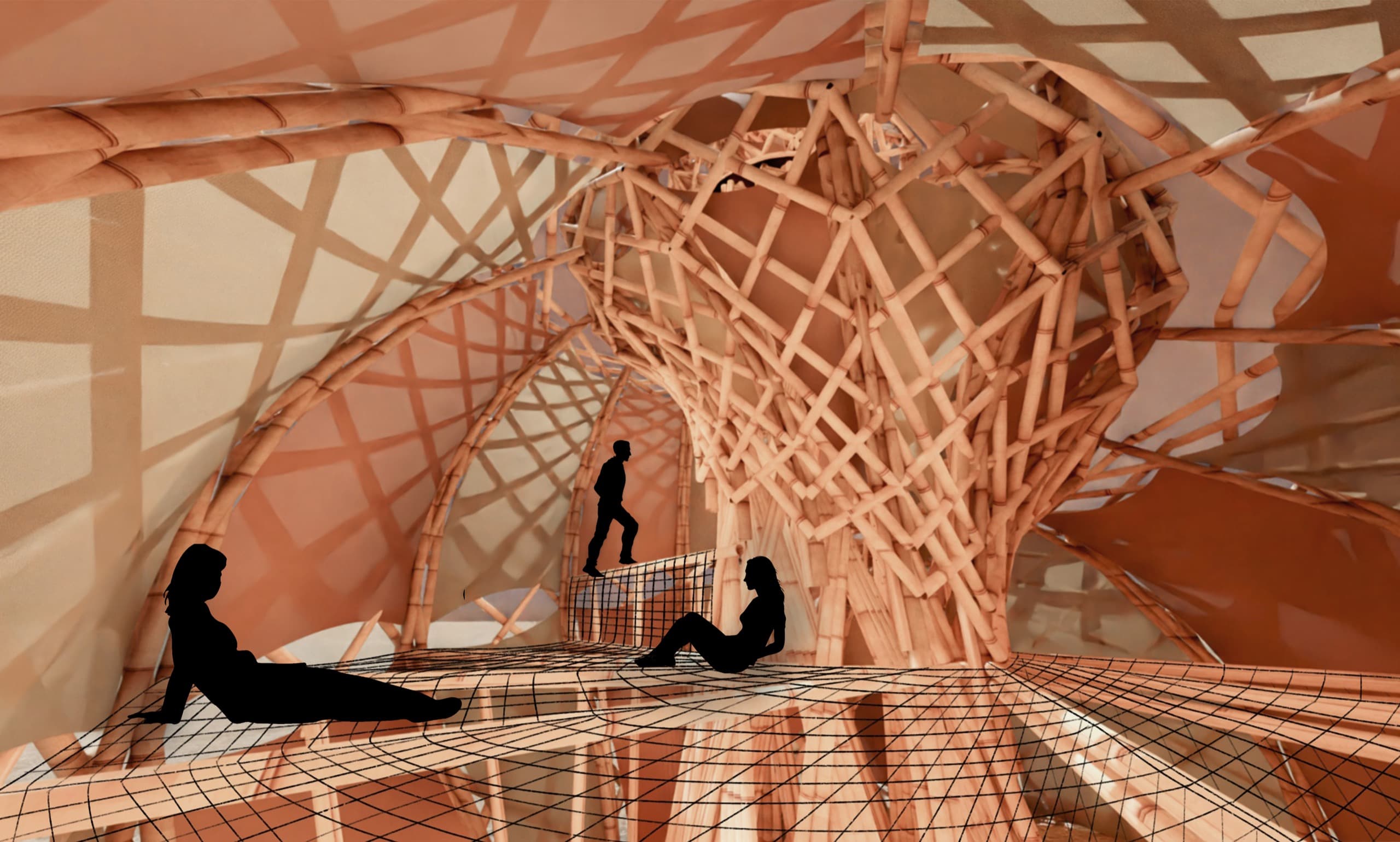 Inside the Resonance Conch, woven bamboo lattice interior with visitors