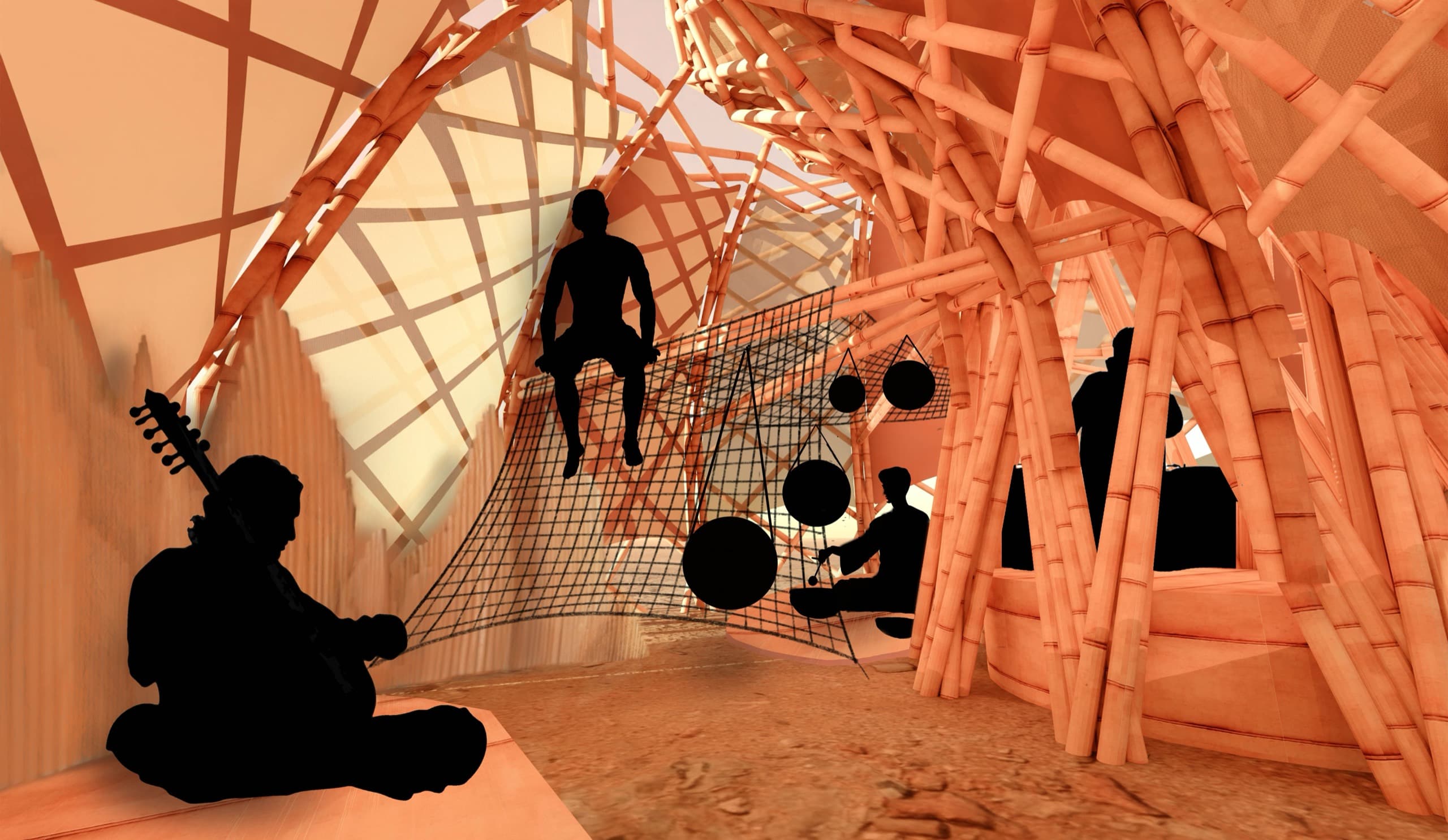 Inside a woven bamboo structure built by the collective
