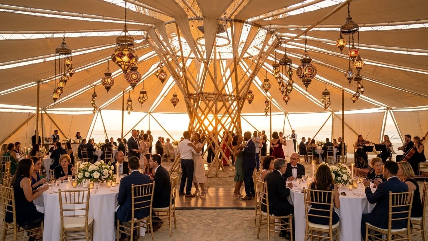 A wedding reception under the Resonance Pavilion at sunset: round tables, lanterns hanging from the bamboo, guests dancing by the central tower
