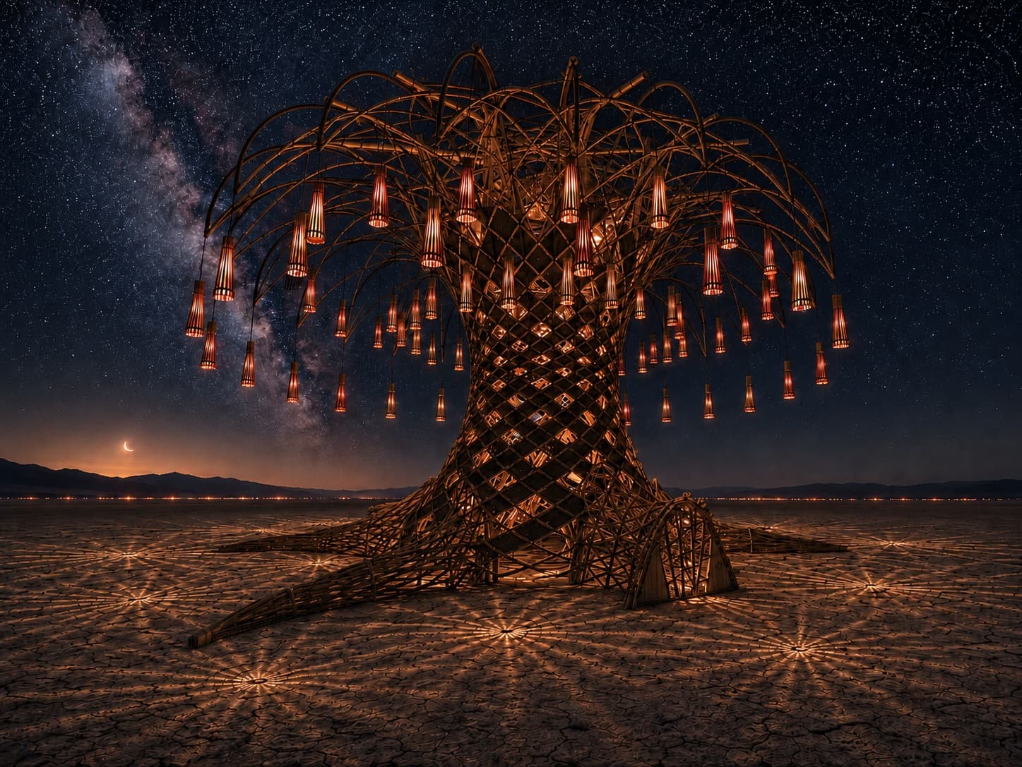 The Resonance Tree at night, a bamboo tree structure with a canopy of glowing lanterns under the Milky Way